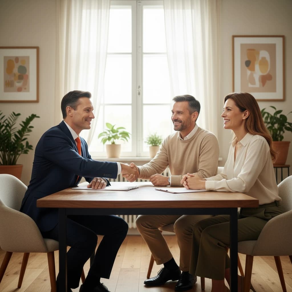 Consultation meeting, a lawyer in a suit shakes hands with a couple across a table